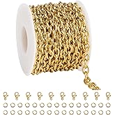 YOUBEIYEE 5 Meters Gold Plated Stainless Steel Chain on Spool Unwelded Cross Link Chain with Jump Rings and Lobster Clasps