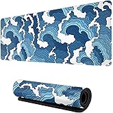 Japanese Wave Mouse Pad Blue and White Mouse Pad Gaming Large XXL Long Mousepad Extended XL Desk Mat Non-Slip Rubber Base Stitched Edges Mice Pad 31.5 X 11.8 Inch
