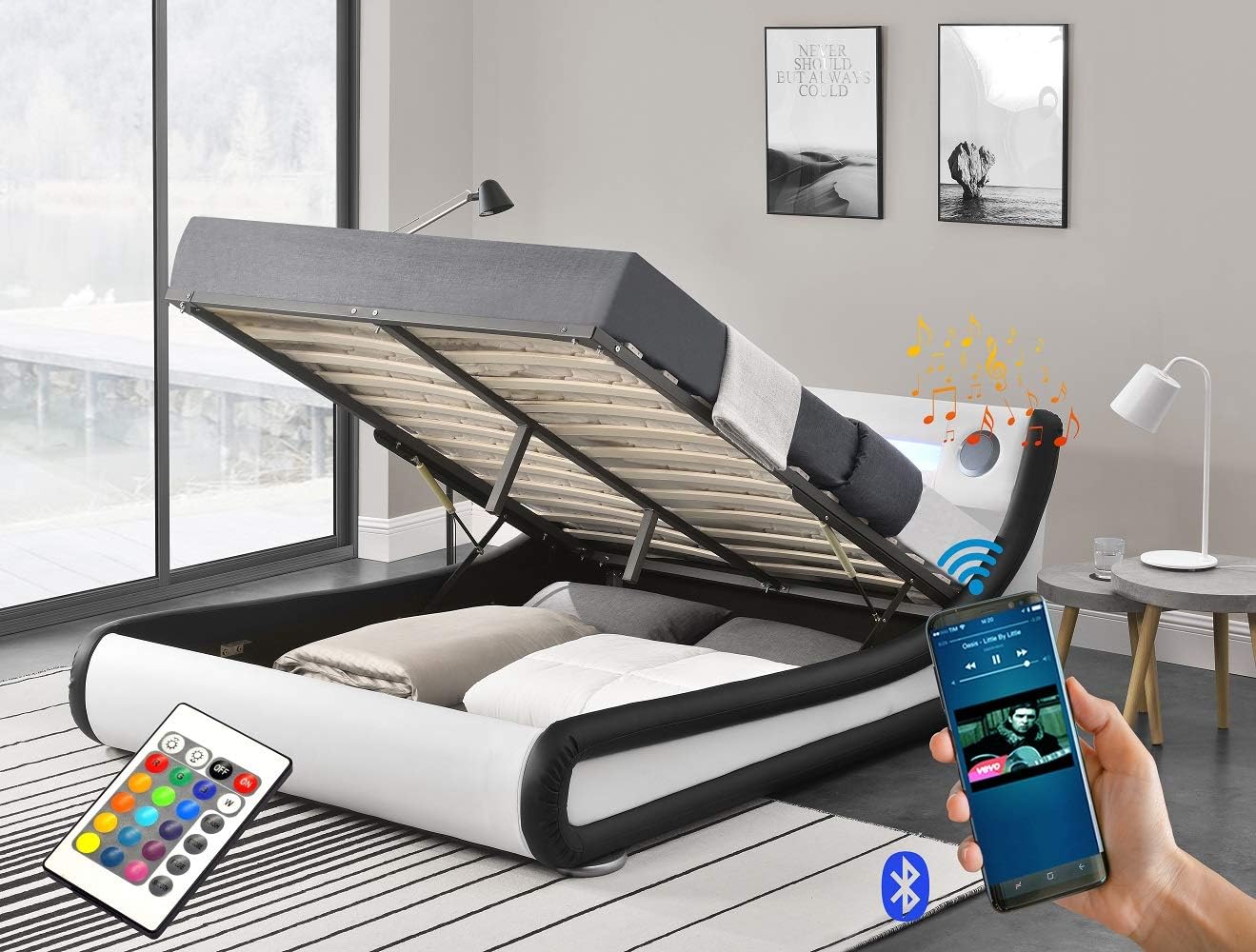 OWO Living 4FT6 Modern Chicago LED Designer Ottoman Gas lift Storage Bed Frame with in built Bluetooth Media System (Double, Black/White)