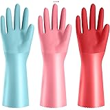 KAQ 3 Pairs PVC Rubber Gloves with Cotton Lined, Anti-Slip Dishwashing Gloves, Heavy Duty Kitchen Gloves for Washing Dishes, 