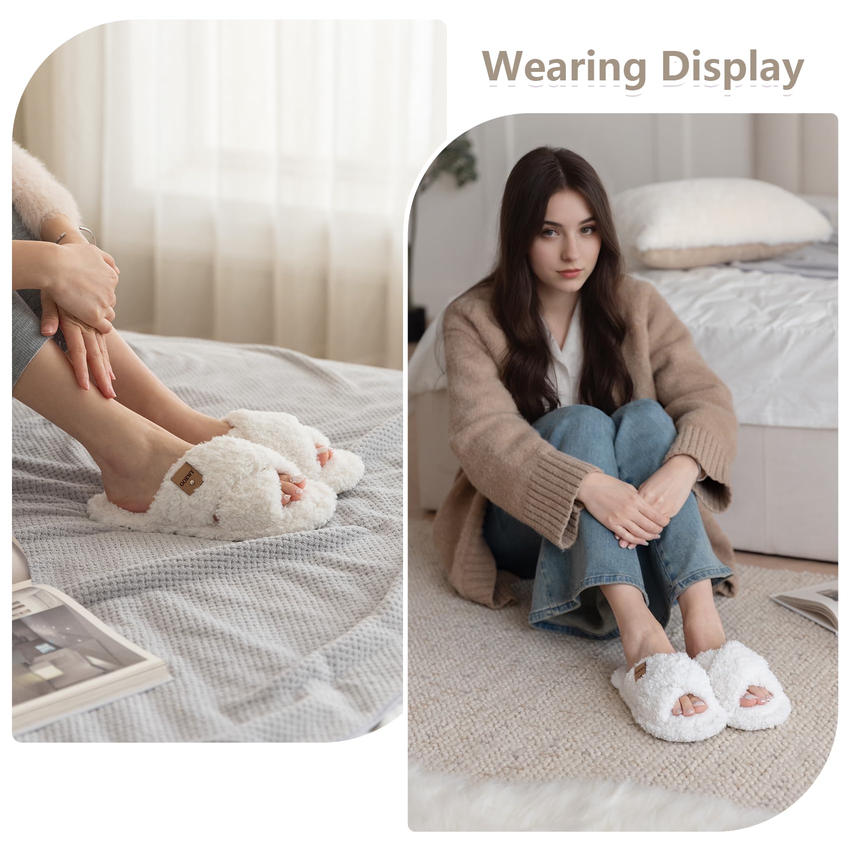 GOEWY Fuzzy Open Toe Slippers for Women Indoor and Outdoor with Memory Foam Cozy Cross Band Women's Slipper Cute Soft House Shoes Slip On Gifts for Womens Mom Her Ladies Bridesmaid
