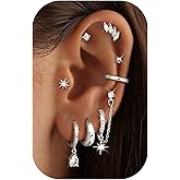 LOLIAS Hypoallergenic 14K Gold Plated Hoop Stud Earring Stacks for Women Trendy - Chain Cartilage Earrings Cute Silver Huggie Earrings Sets for Multiple Piercing Jewelry Lightweight 8Pairs