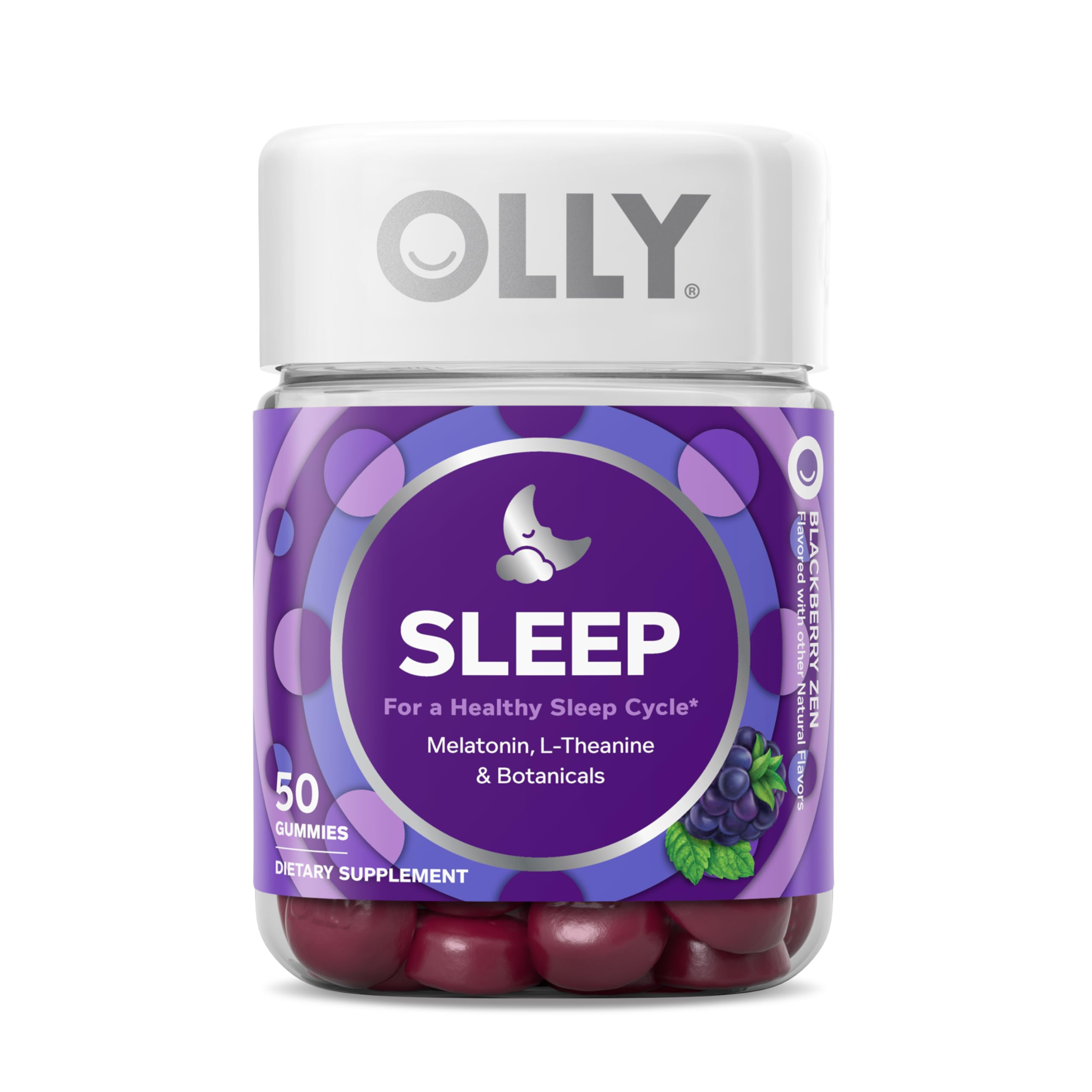 OLLY Restful Sleep Gummy Supplement with Melatonin & L-Theanine Chamomile, Blackberry Zen, 50 Gummies (25 Day Supply) Supports a Healthy Sleep Cycle* (Packaging May Vary)