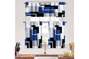 MCALK Navy Blue Kitchen Curtains Tiers and Valances Set 3 Piece for Windows Geometric Modern Art Kitchen Window Curtains Set,Grey and Black Valances for Living Room(36" Tiers Set)
