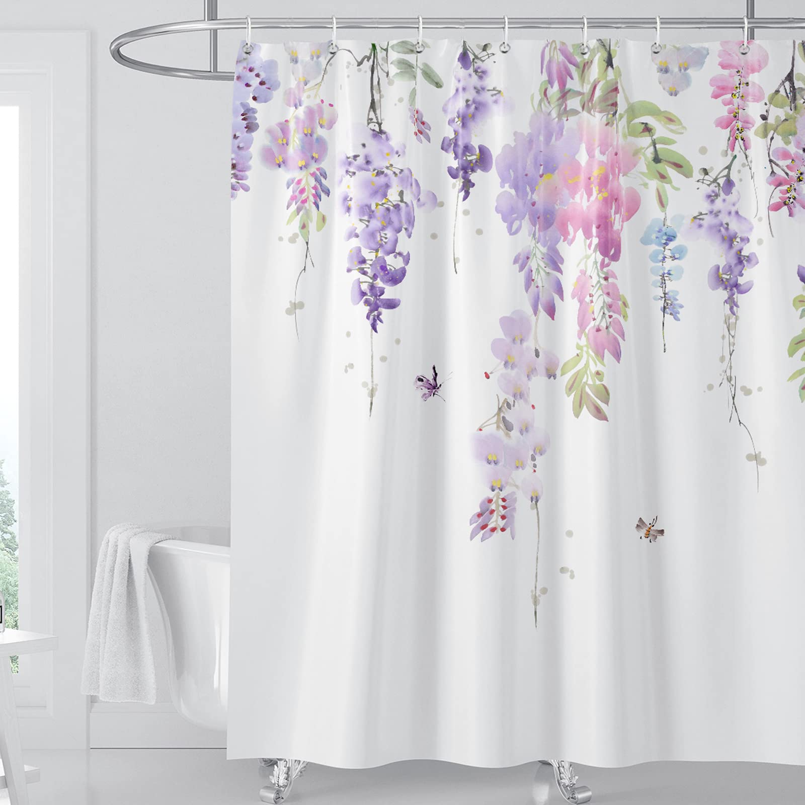 BANLMEYD Floral Shower Curtain Mould Proof Resistant Waterproof Bathroom Curtains with 12 hooks Quick-Drying Weighted 180x180cm (71x71Inch) Polyester for Wet Room Tub, Purple (YPSC-PURPLE-N2)