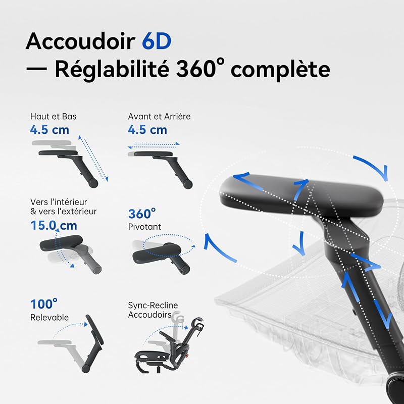B300 Pro Chaise Ergonomique, Support Lombaire Adaptatif, Noir — photo 7 sur 8