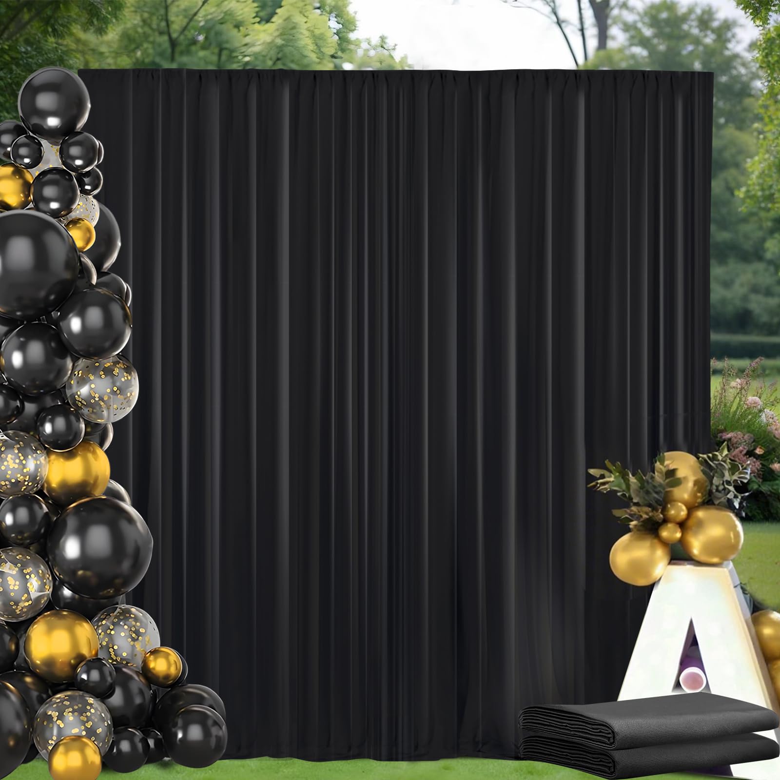Photo 1 of 10x10ft Black Backdrop Curtain with Rod Pockets, Wrinkle Free Backdrop Curtains for Parties, for Wedding Birthday Party Decorations Background for Photography 5x10ft, 2 Panels