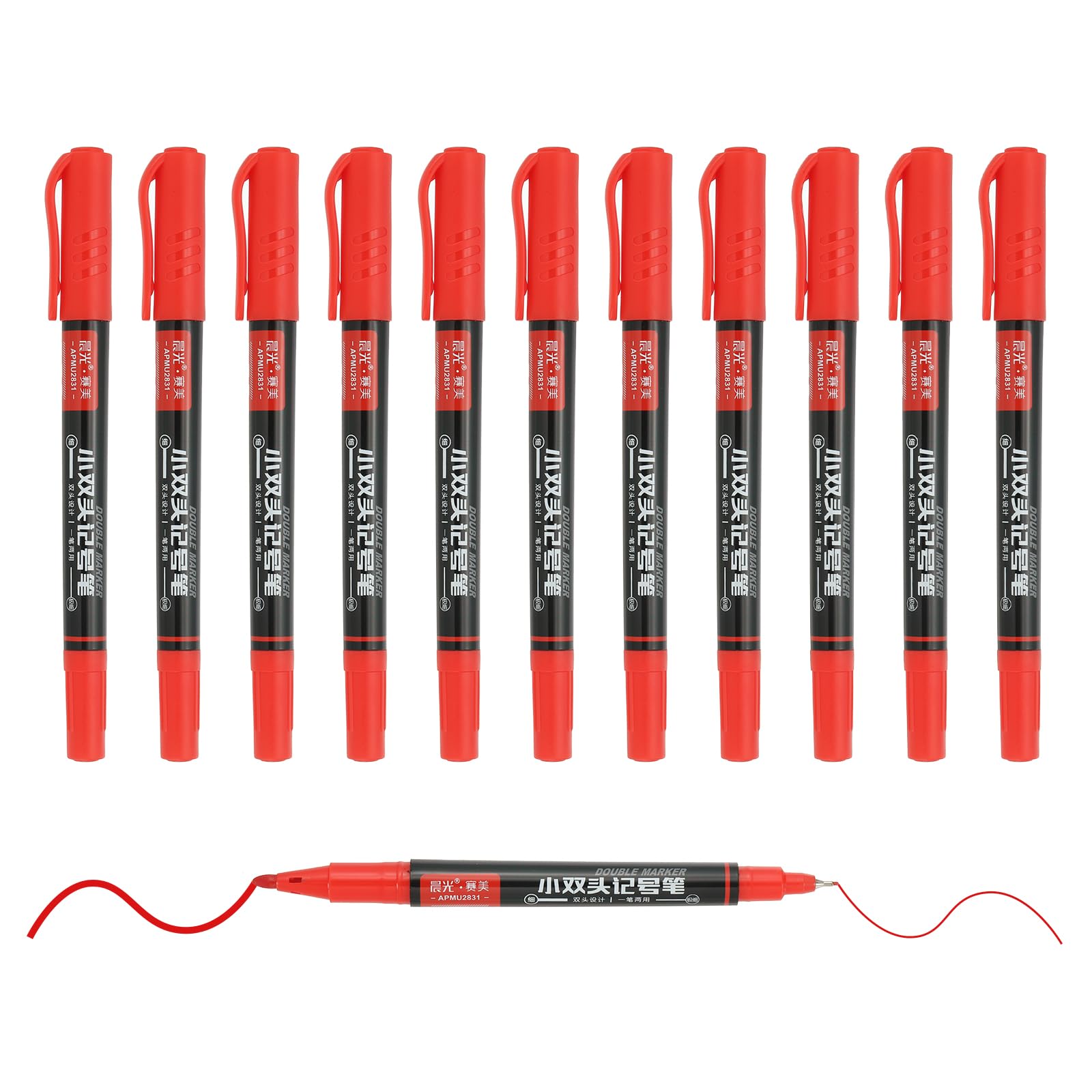 M&G Permanent Twin Markers Dual Ultra Fine Point Tip(1.2mm+0.5mm), 12 Pack Quick Dry Waterproof Fiber Tip Pens for Paper, Glass, Plastic, Wood, Stone, Metal Surface, Red