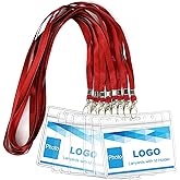 Lanyard with ID Holder 50 Pcs Waterproof Name Tag Badge ID Card Holders ID Pass Holder and 50 Pcs Flat Neck Lanyards Swivel Hook (Red, Horizontal)