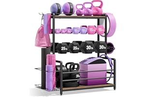 SONGSOSO Gym Home Equipment Weight Rack – 3‑Tier Workout Storage Stand for Dumbbells & Kettlebells, Medicine Ball Holder, Steel Organizer with Side Basket, Hooks