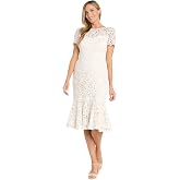 R&amp;M Richards Women's Elegant Crochet Lace Tea-Length Dress W/Flounce Hem &amp; Short Sleeves - Dressy Casual Spring Summer Style
