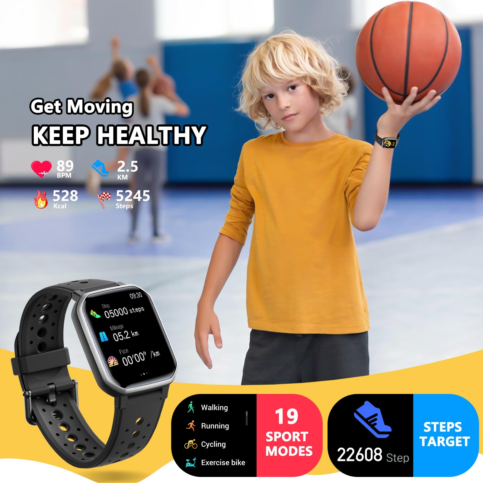 Smart Watch for Kids Teens, Fitness Tracker Boy Girls Watch with 19 Sport Modes, Pedometer, Sleep Monitor, Kids Watch Birthday Gifts Toy Gift for Girls Boys 6-16 (Black)