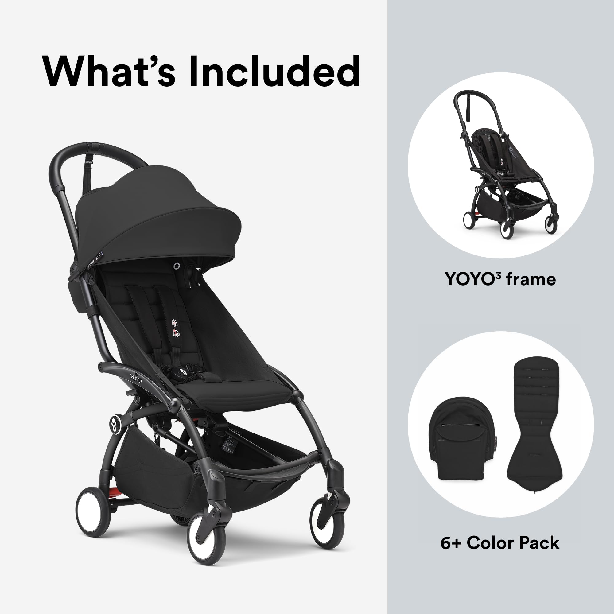 Stokke YOYO3 Stroller from 6 Months - Includes Black Frame, Seat Cushion & Canopy - Folds in & Out in a Flash - Light & Compact - Carry-On Compatible
