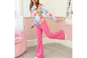 Girls Long Sleeve Floral Pattern Top and Solid Pant Bell Bottoms Ruched Drawstring Casual Outfitr 2 Piece Pants Set