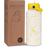 Goetland Ribbon Water Bottle with Straw Lid 32 oz Stainless Steel Wide Mouth Vacuum Double Insulated Drinking Cup Cute Leakproof UV Printing For Women Girls Lemon