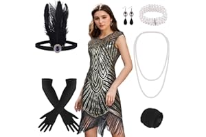 PLULON 1920s Dresses for Women, Sequin Fringed Gatsby Flapper Cocktail Dresses with 20s Accessories Set, Roaring 20s Costumes
