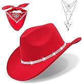 Western Black Cowboy Hats for Women Men, Fedora Wide Brim Rhinestone Cowgirl Hat with Bandana and Evil Eye Bull Head Necklace