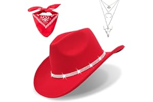 JIANGLAI Western Black Cowboy Hats for Women Men, Fedora Wide Brim Rhinestone Cowgirl Hat with Bandana and Evil Eye Bull Head Necklace