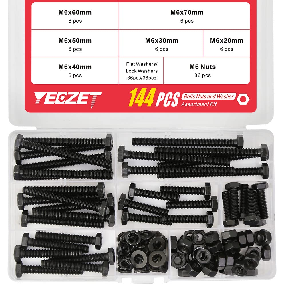 YEEZET 36 Set M6 Hex Head Screws Bolts and Nuts Flat & Lock Washers Assortment Kit Alloy Steel Grade 8.8 (20mm 30mm 40mm 50mm 60mm 70mm)