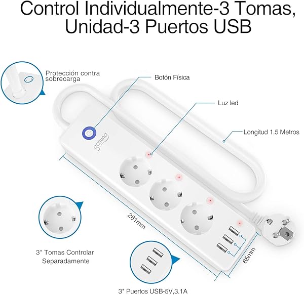 Regleta Inteligente con 3 Zcalos Control Individual Remoto por APP y 3 USB Compatible con Alexa y Google Home Gosund Regleta Wifi con Funcin de Temporizador Monitoreo de Consumo 1 5 Metros