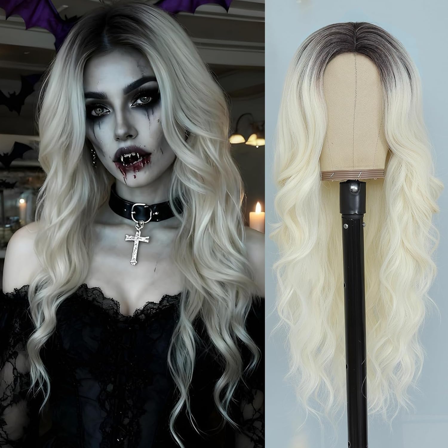PORSMEER Long Blonde Wigs for Women Ladies with Dark Brown Roots Middle Part Natural Looking Pastel Loose Wave Curly Synthetic Hair Wig for Everyday or Halloween Party,26inch