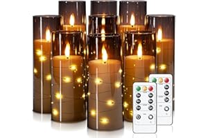 Raycare Flameless LED Candles with Embedded Star String, 9 Pcs Battery Operated Acrylic Pillar Candles with Timer and Remote, Flickering Candles for Romantic Ambiance and Home Decoration (Grey)
