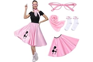 Rabtero Women Sock Hop Costume, Adult 1950s Poodle Dress Costume, 50's Poodle Skirt with Glasses, Scarf and Socks