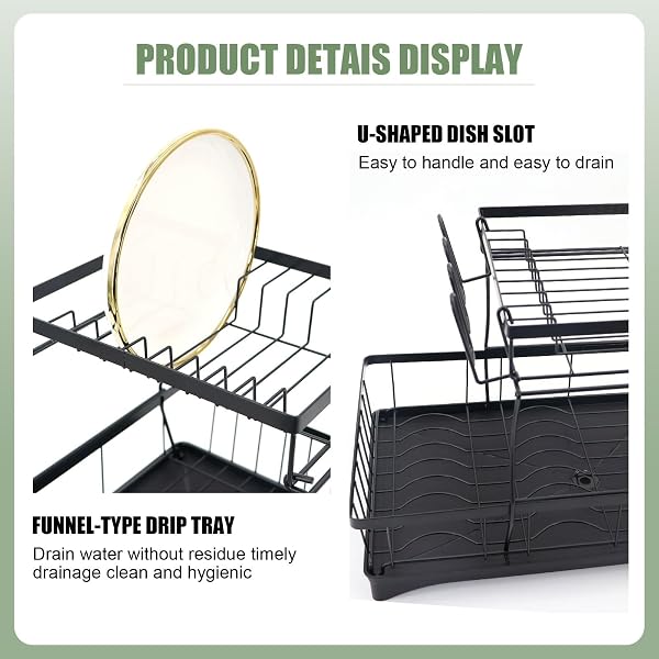 2-TIER DETACHABLE COUNTERTOP DISH DRYING RACK, PREMIUM CARBON STEEL, RUST RESISTANT LARGE CAPACITY DISH DRAINER WITH CUTLERY AND CUP HOLDER, BLACK