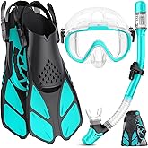 Ubekezele Snorkeling Gear for Adults Men Women,4 in 1 Snorkel Set with Panoramic View Diving Mask Anti-Fog Anti-Leak,Dry Top Snorkel,Fins and Travel Bag for Swimming,Snorkeling and Travel Diving