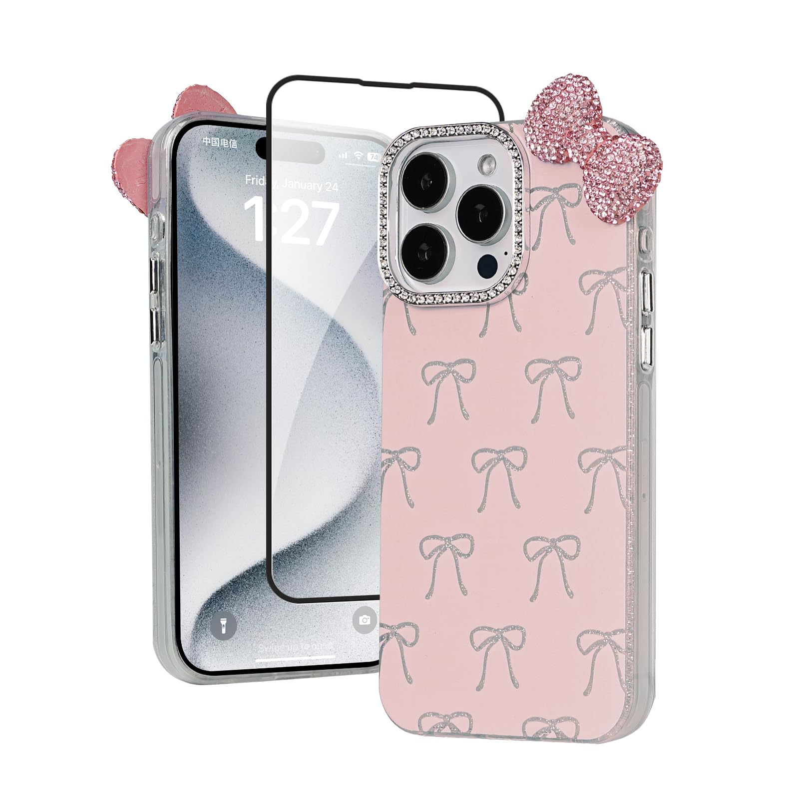 zcvbjek Cute Case for iPhone 15 Pro Max 6.7'' with HD Screen Protector,Pink Glitter Rhinestone Bow Phone Cases,Bowknot Pattern Silicone Protective Camera Shockproof Phone Cover for Women&Girls