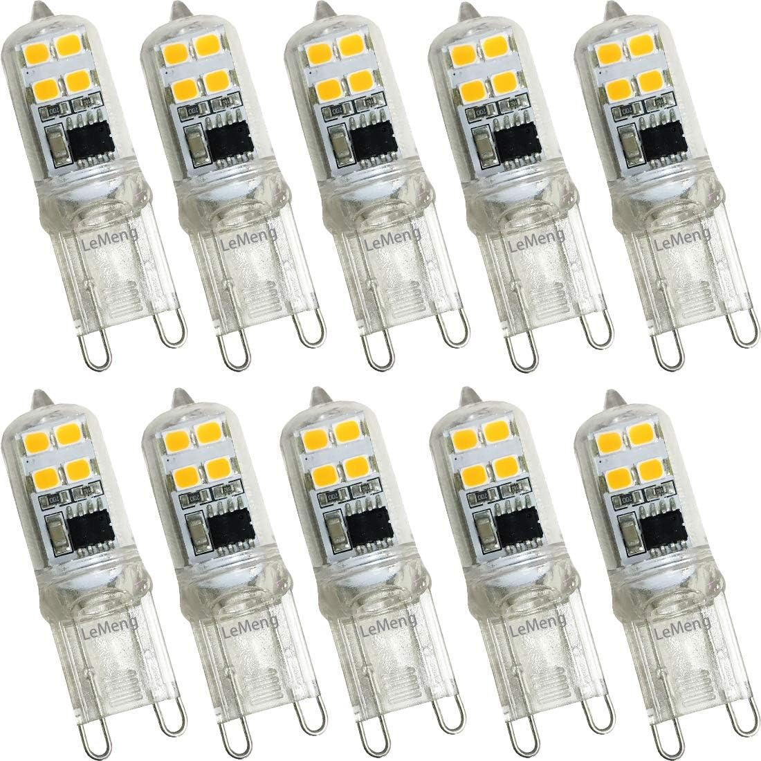 LeMeng G9 LED Light Bulb 2W, Mini Size 20W Equivalent 200LM, Warm White 2700K AC 120V Bi-Pin G9 Base LED Halogen Replacement Bulbs, Not Dimmable- 10 Pack