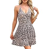 Allegra K Mini Dress for Women's Sleeveless Backless Halter Tiered Leopard Dresses
