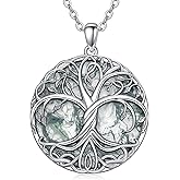 PYTALI Tree of Life Moss Agate Necklace for Women S925 Sterling Silver Round Moss Agate Necklace for Women HandmadeSilver Pendant Fine Jewelry Gifts for Mother’s Day Her