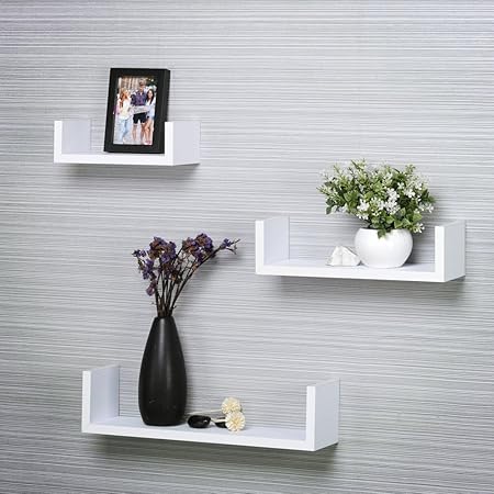 SANTOSHA DCOR MDF U-Shape Metallic Paint Floating Wall Shelves for Decoration and Living Room Furniture (White, SD42) - Set of 3
