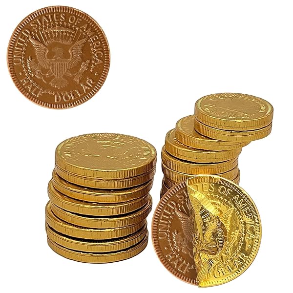 25 EDIBLE CHOCOLATE COINS, GOLD HALF DOLLAR MILK CHOCOLATE, MADE WITH PREMIUM BELGIAN INGREDIENTS, NUT FREE, NON-GMO, CERTIFIED KOSHER DAIRY 25-PACK CHRISTMAS STOCKING STUFFERS
