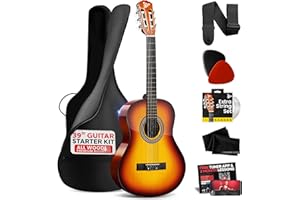 Pyle 39” Acoustic Guitar - 4/4 Size Linden Wood, Brown Gloss - 6 Nylon Strings, Right Handed - Includes Gig Bag, Tuner, Extra