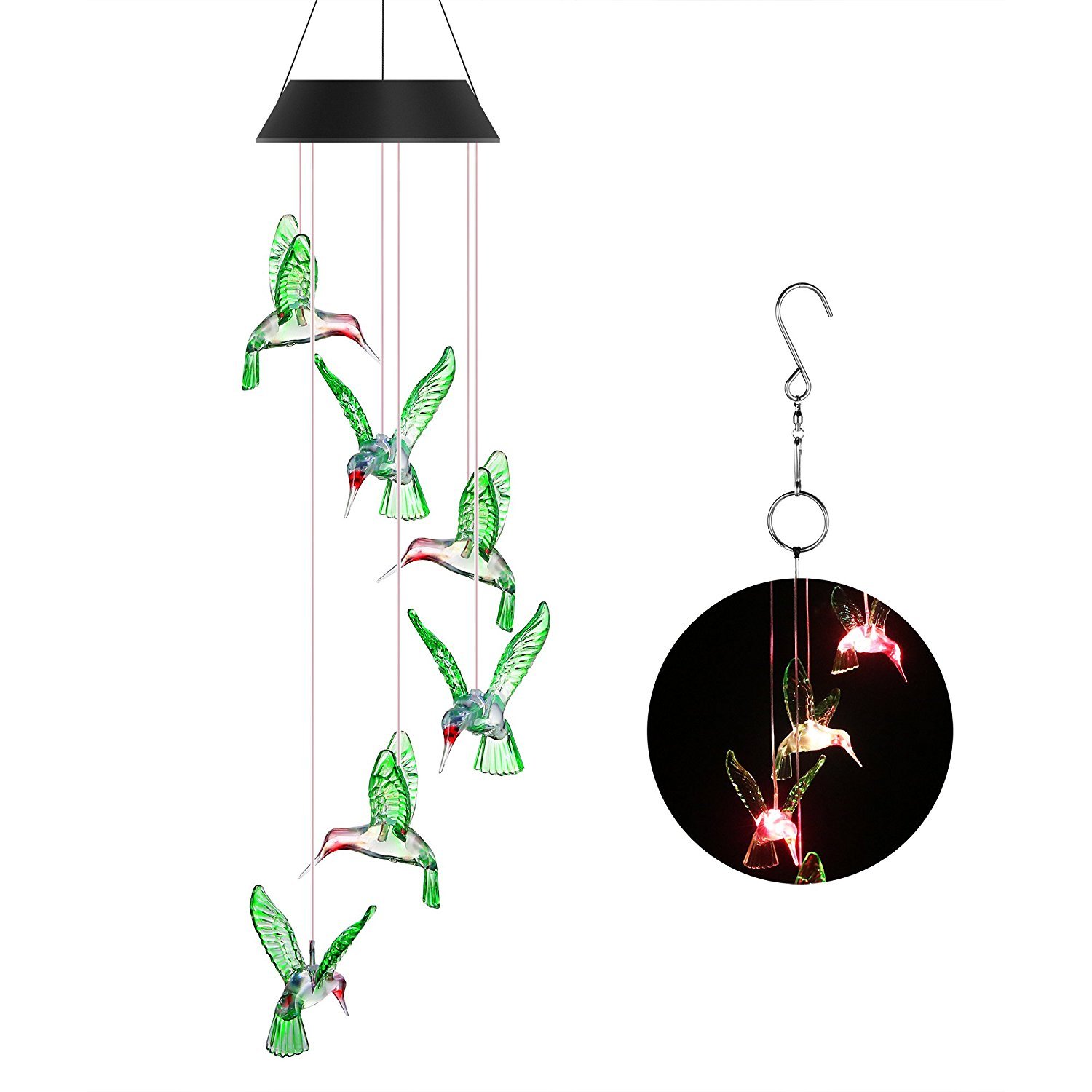 OKSS Solar Wind Chime Light, Color-Changing Solar LED Mobile Wind Chime Waterproof Six Hummingbird Wind Chimes for Home/Party/Night/Garden/Festival Decor/Valentines