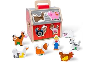 Melissa & Doug Take-Along Wooden Toy Barn, 11-Pc Portable Toddler Playset with Farm Animals & Pop-Up Roof, Preschool Learning Toys for Girls & Boys 2+