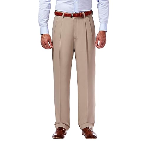 Haggar mens Mynx Gabardine Hidden Expandable Waistband Classic Fit Front Pleated dress pants, Tan, 36W x 32L US