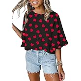 Roshop Valentines Shirts Women's Heart Blouse Dressy 3 4 Ruffled Bell Sleeve Cute Hearts Shirt