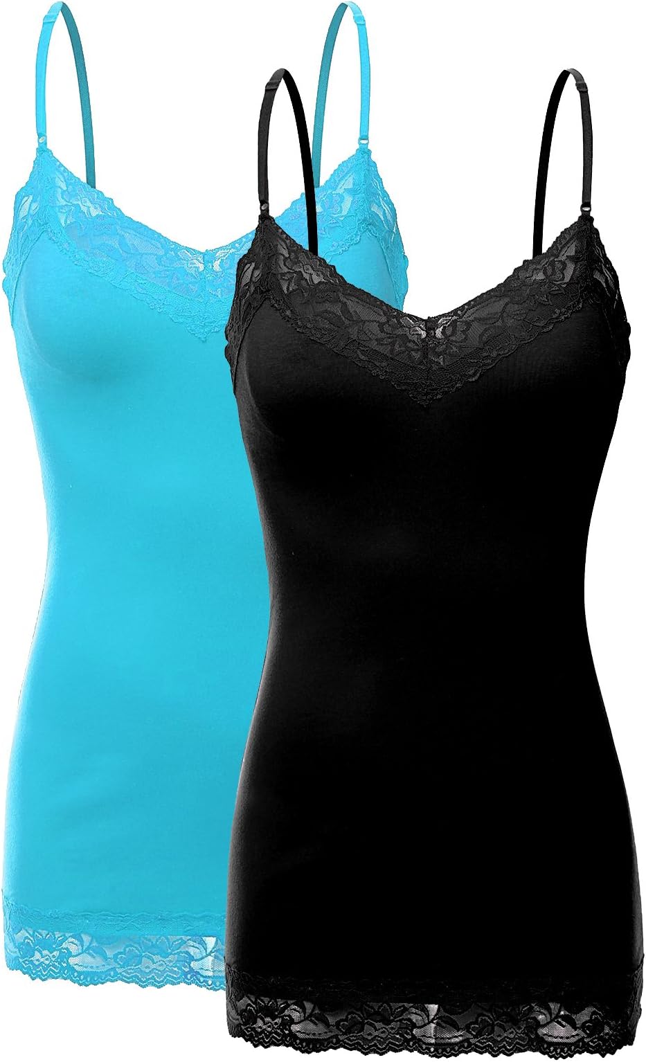 XT1004L Pack Ladies Adjustable Spaghetti Strap Lace Trim Cami Tank Top 2Pack-BLK/Aqua 2XL