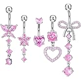 KFHENSOMR Belly Button Ring Dangle Stainless Steel 14G Belly Rings bellies Button Piercing Cute Pink CZ Heart Butterfly Bow Flower Dangling bellies Rings Silver Navel Ring Piercing Jewelry