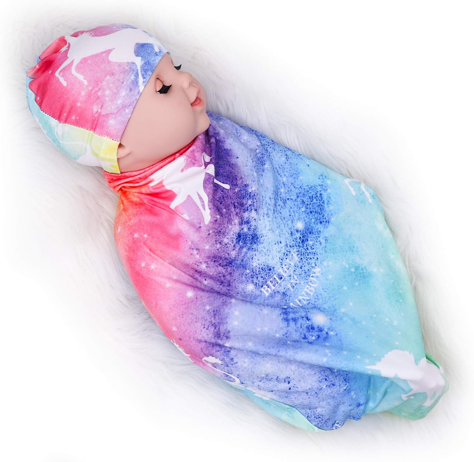 Newborn Swaddle Blanket with Beanie Set,Soft Stretchy Cocoon Sack for 0-3 Months Baby Boys and Girls(Rainbow Unicorn)