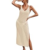 BreathSunny Womens Crochet Knit Sheer Beach Dresses Summer 2025 Backless V Neck Side Slit Bathing Suit Cover Up Midi Dress