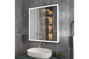 ExBrite Lighted Medicine Cabinet 30x32 Inch,Recessed or Surface led Medicine Cabinet, Clock&Room Temp Display,Defog,Stepless Dimming,Medicine Cabinet with Lights 3-Color Temper Chang, Outlets & USBs