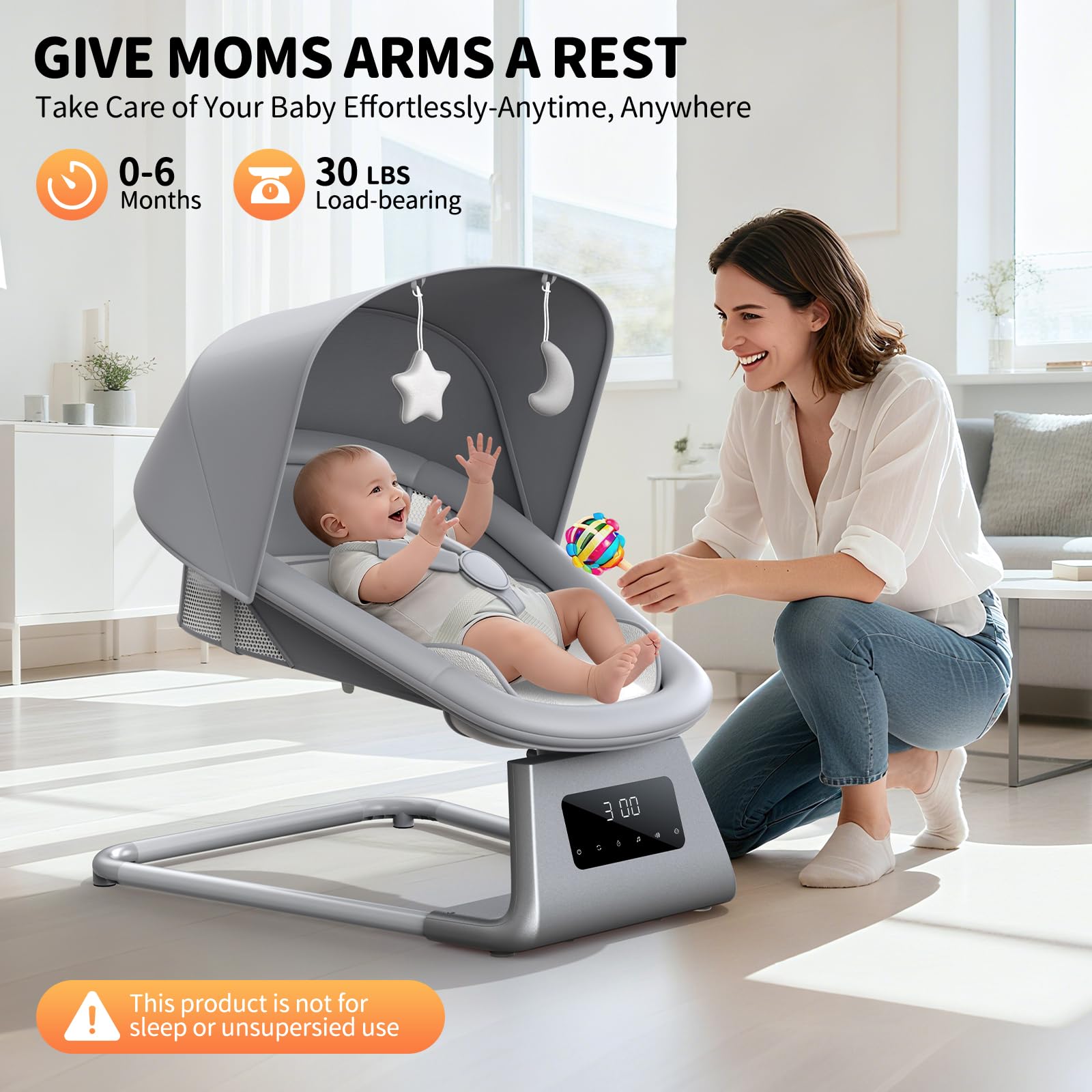 pudult Baby Swing, Electric Baby Rocker for Newborns with 3 Timer Functions, 5 Rocking Speeds, 11 Preset Lullabies and Bluetooth, 5-Point Harness, Suitable for Babies 0-6 Months, Up to 30 lbs