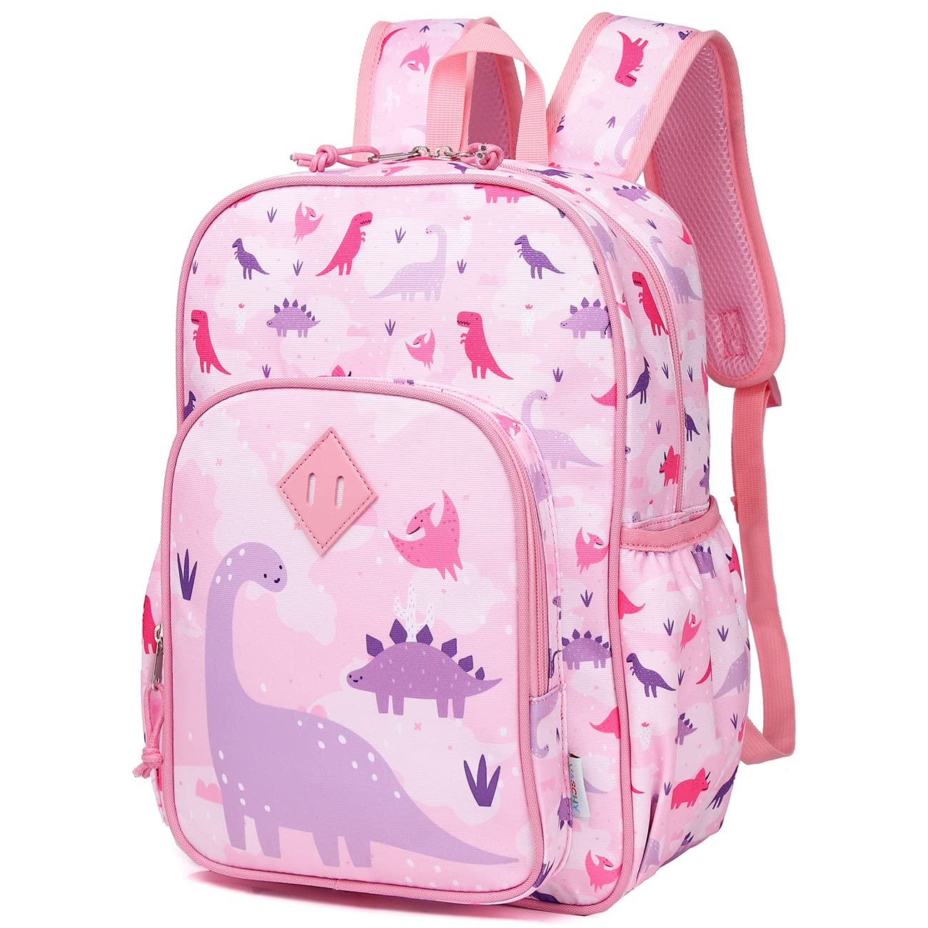 VASCHY 11.5L Lightweight Backpack for Boys Girls Water Resistant Backpack with Reflective Chest Strap with Elastic Bottle Pockets for Kindergarten, Dinosaurs - Pink, Taille unique, daypack backpack