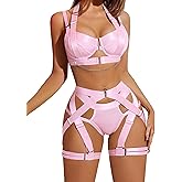 Avidlove Lingerie Set for Women Sexy Strappy Lingerie Underwire Push Up Bra Garter Set Lingerie with Chain