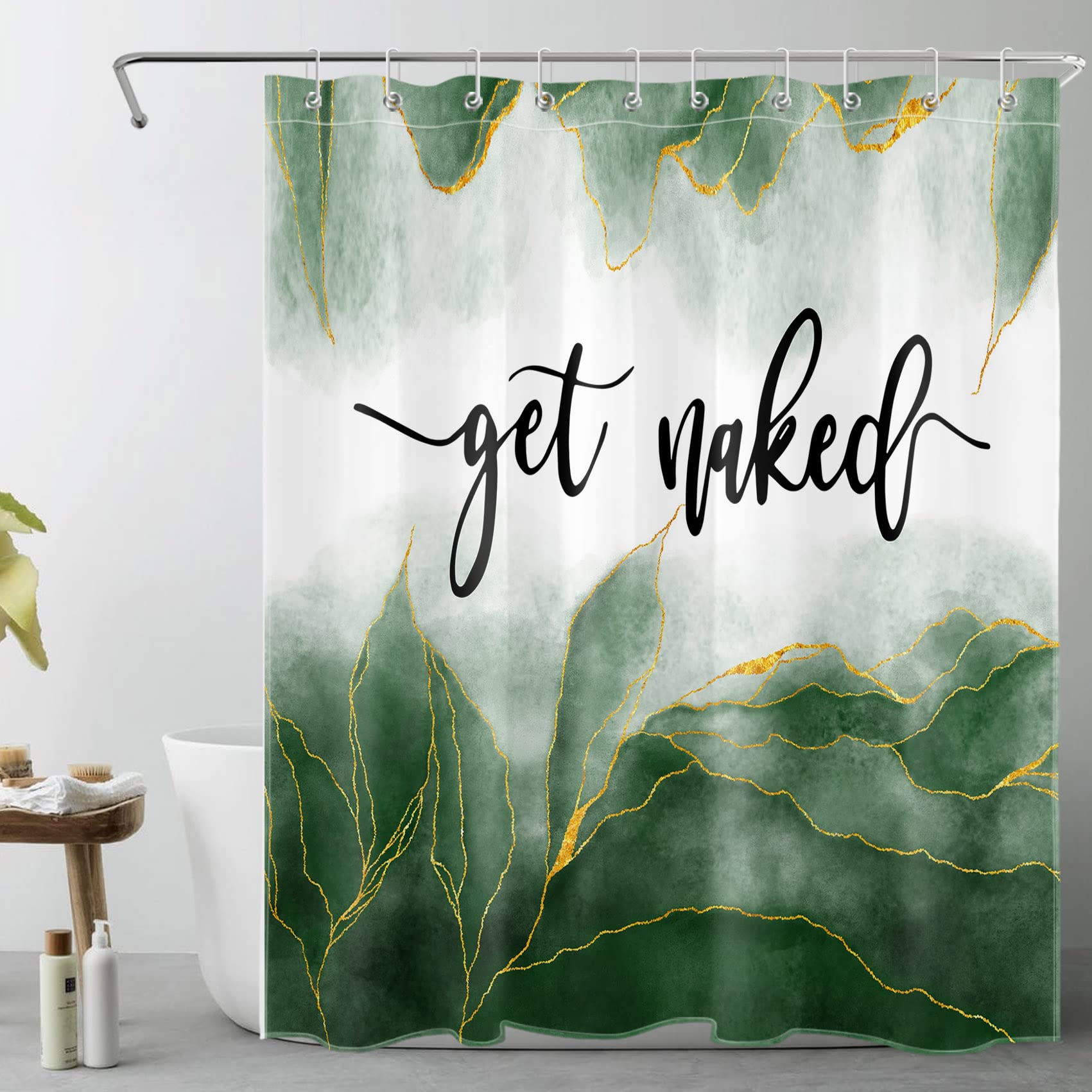 LB Green Marble Shower Curtain Black Funny Quote Get Naked Shower Curtains for Bathroom Gold Striped Abstract Polyester Anti Mould Waterproof Small Bath Curtain Set with Hooks,59x71 inches