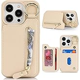 Havaya for iPhone 14 Pro Case Wallet with Card Holder Keychain Ring Stand Leather Shockproof Phone case with Credit Card Slots Zipper Women Men-Beige